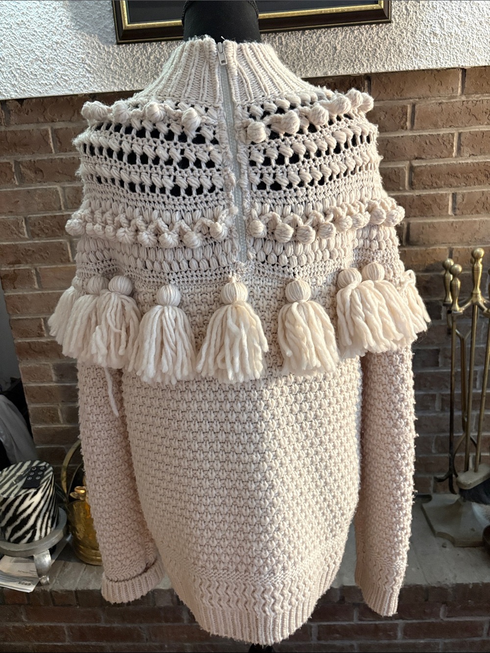 Zimmermann Cream Tassel & Bobble Knit Poncho Sweater - Picture 2 of 4